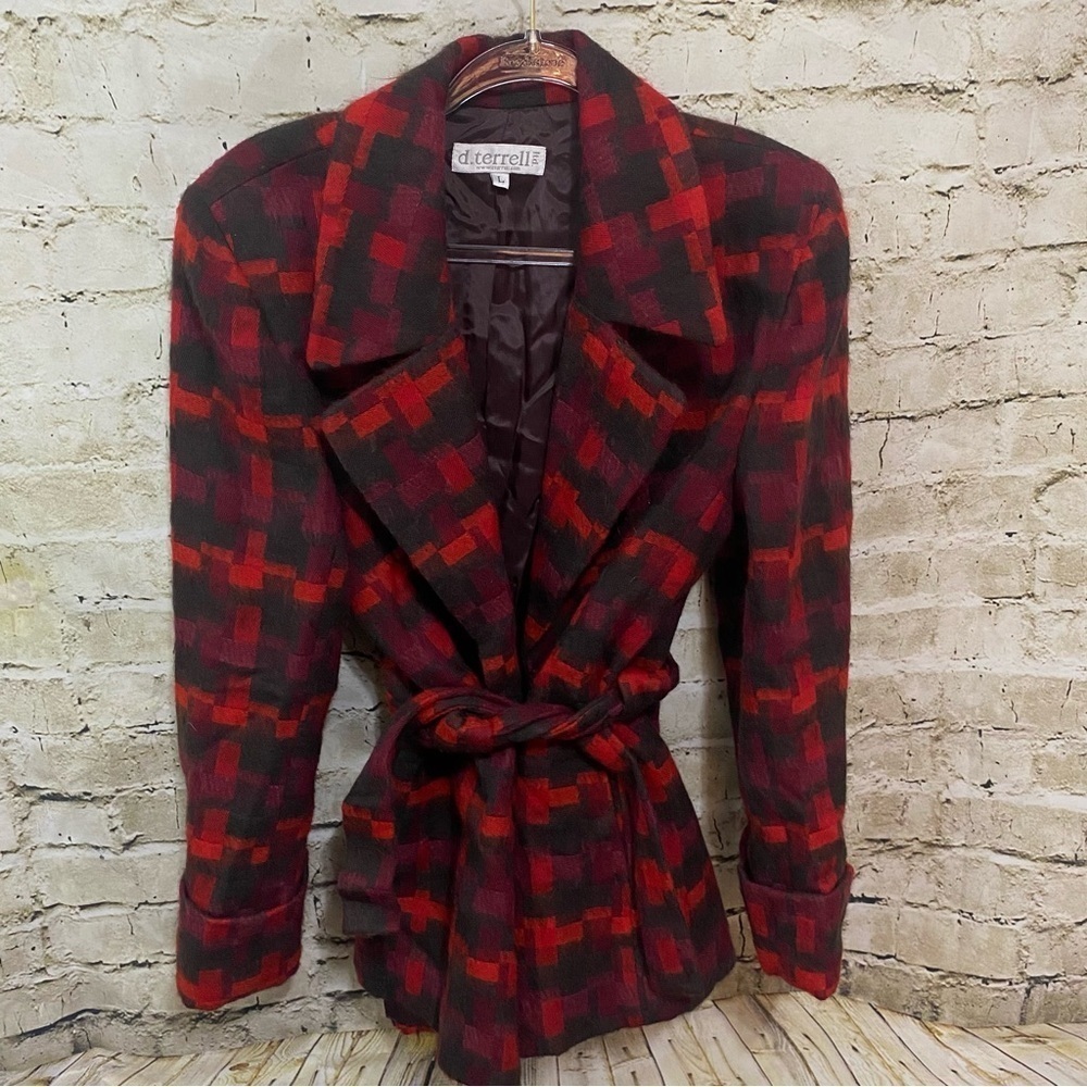 Vintage D Terrell Ltd Red Plaid Wool Mohair Belted Jacket Coat